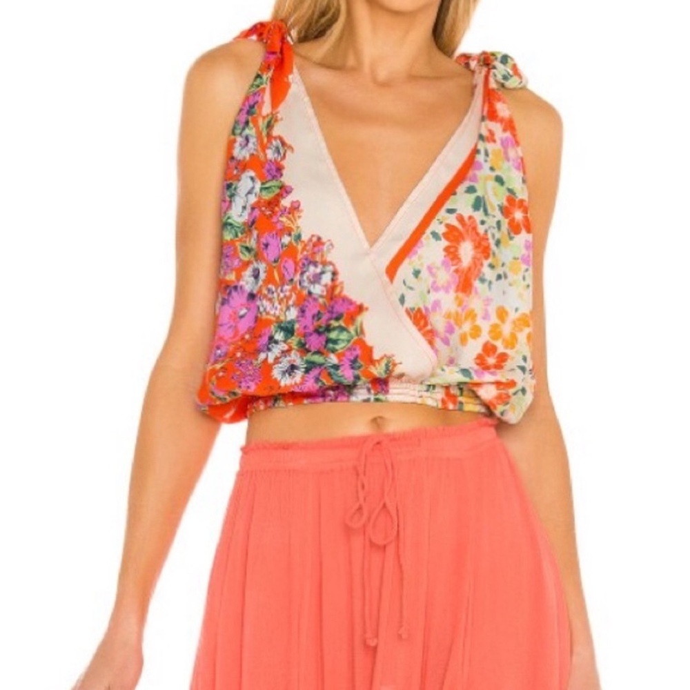 FREE PEOPLE WOMENS TOP TIES AT SHOULDER FLORAL PRINT DEEP V FRONT AND BACK XS